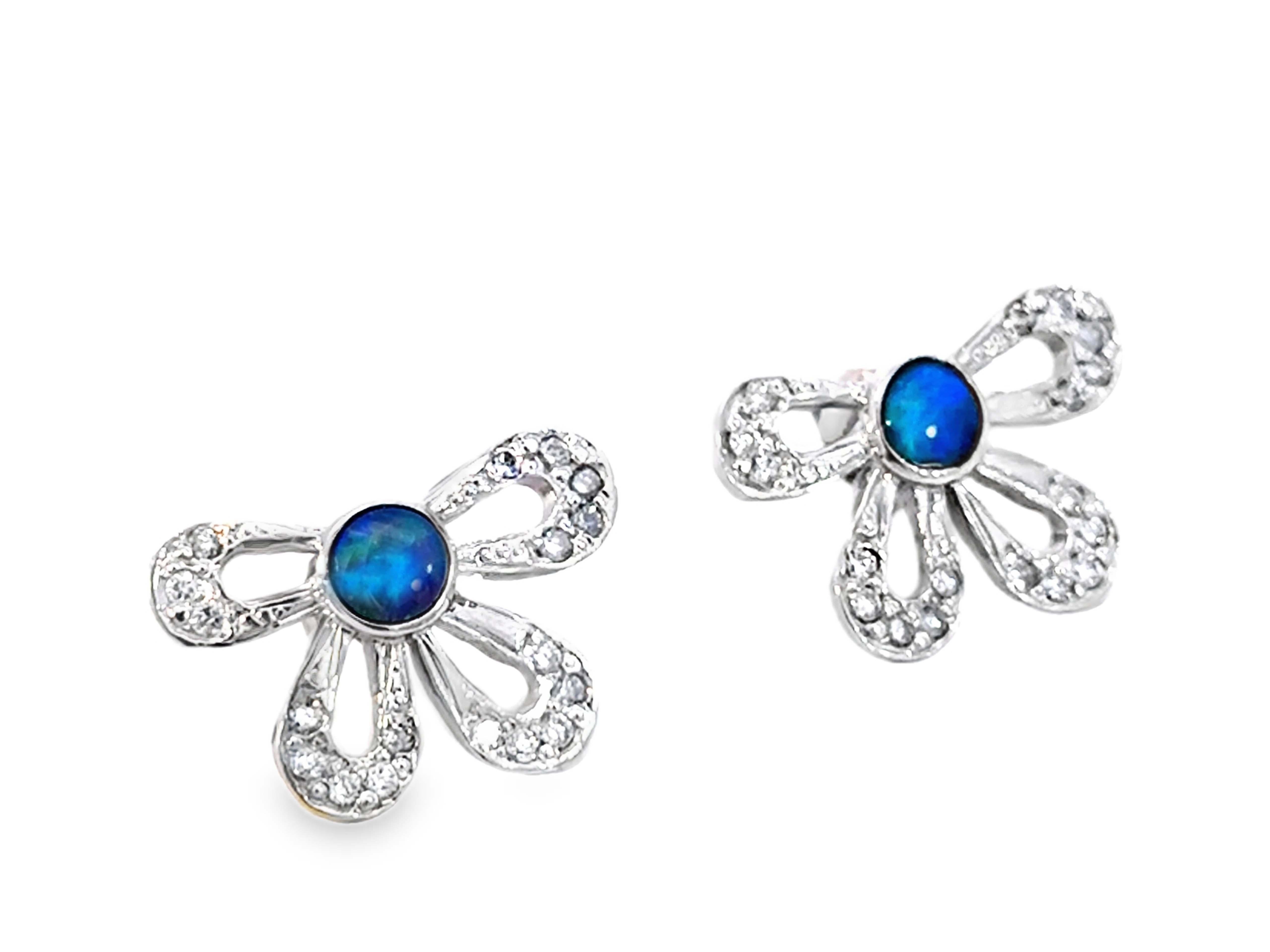 Pendientes Flor Diamante Ópalo Negro Australiano Oro Blanco 14k Moderno en venta