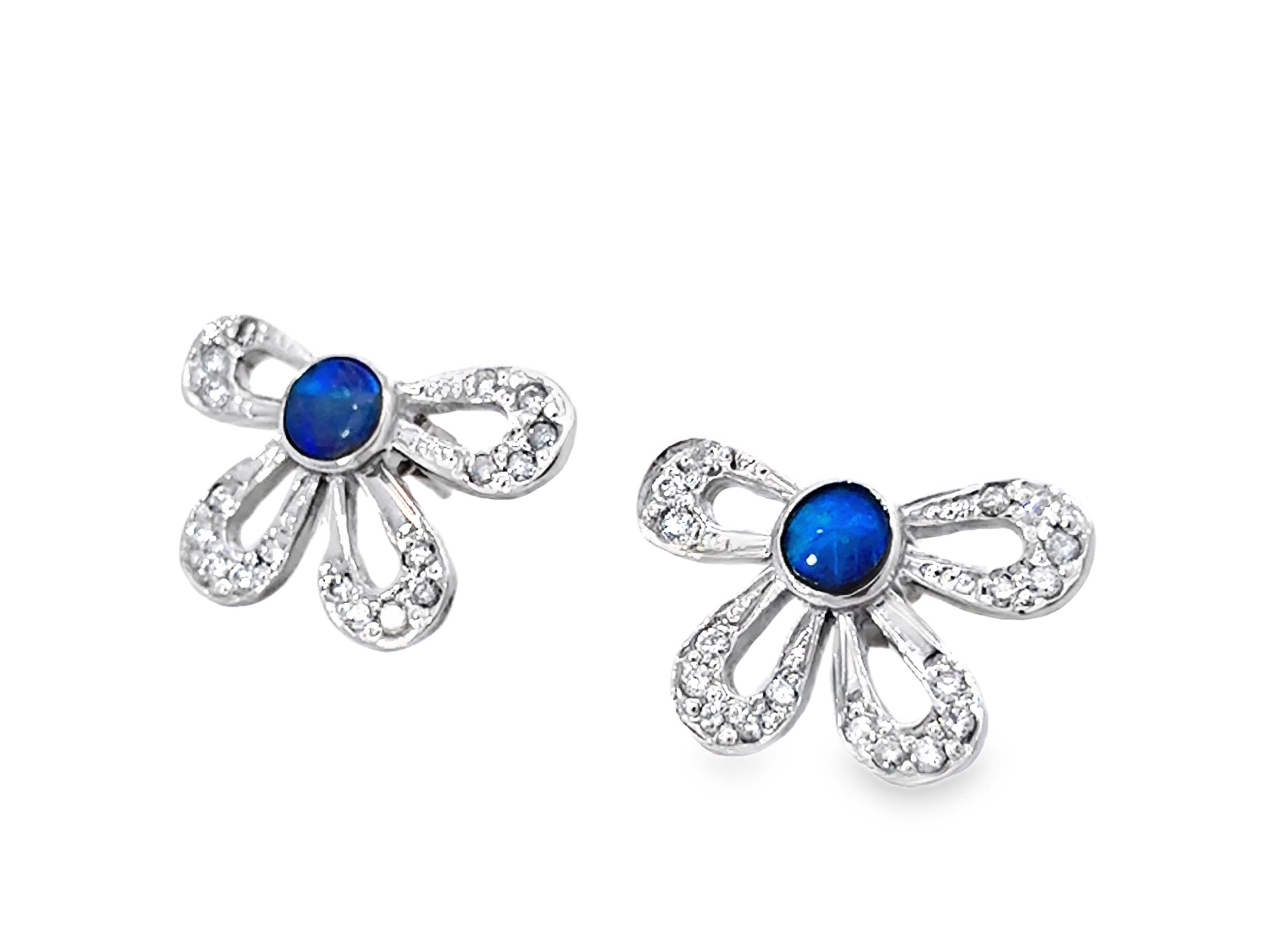 Cabochon Australian Black Opal Diamond Flower Earrings 14k White Gold For Sale
