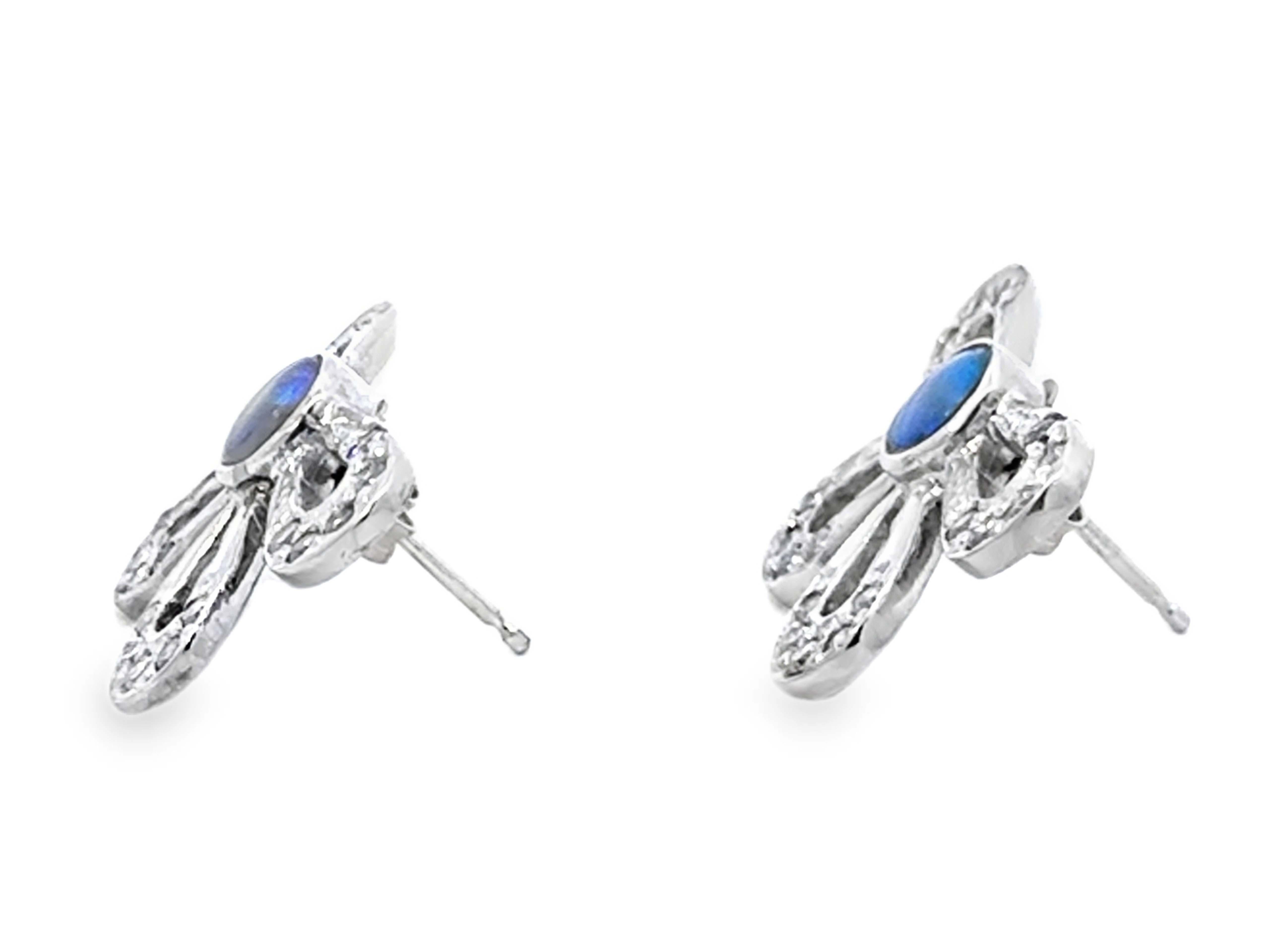 De las mujeres Pendientes Flor Diamante Ópalo Negro Australiano Oro Blanco 14k en venta