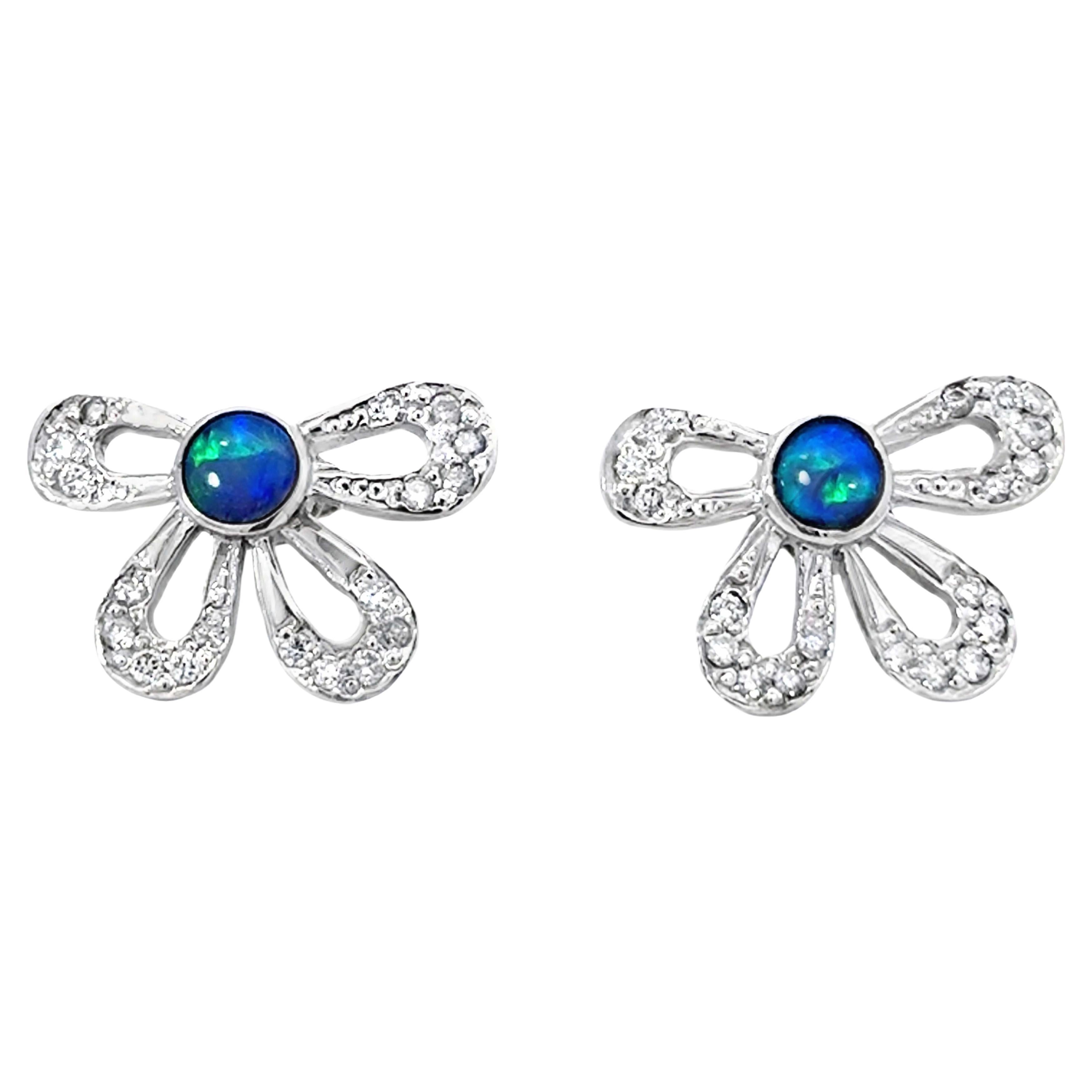 Australian Black Opal Diamond Flower Earrings 14k White Gold