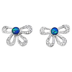 Australian Black Opal Diamond Flower Earrings 14k White Gold