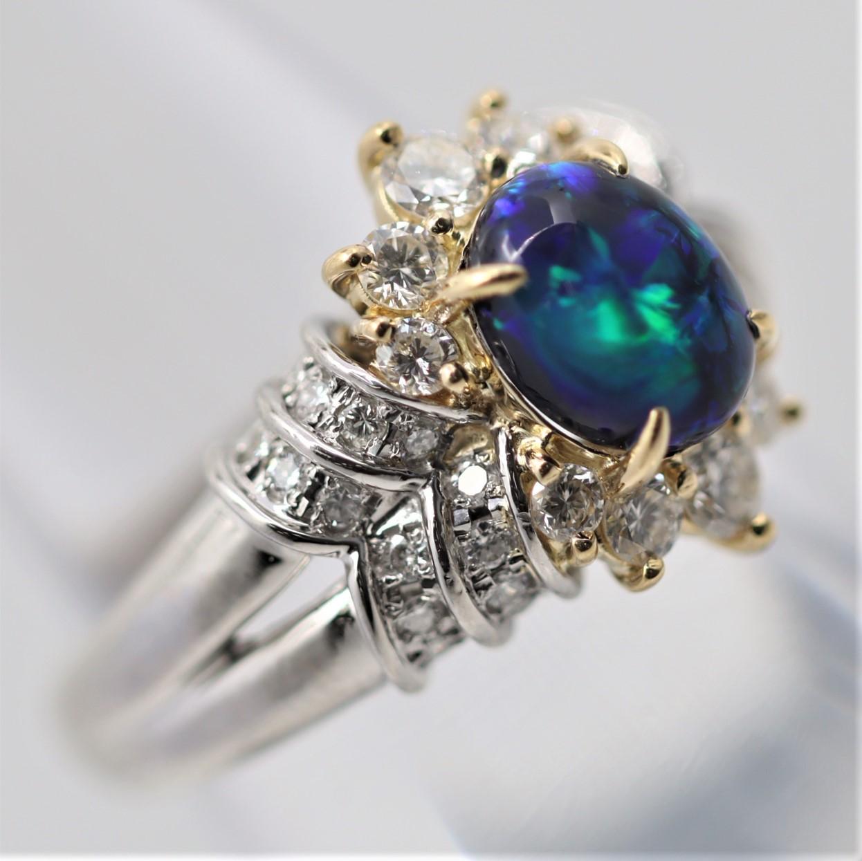 Australian Black Opal Diamond Gold Platinum Ring In New Condition For Sale In Beverly Hills, CA