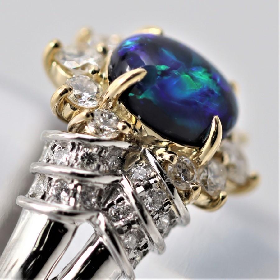Women's Australian Black Opal Diamond Gold Platinum Ring For Sale