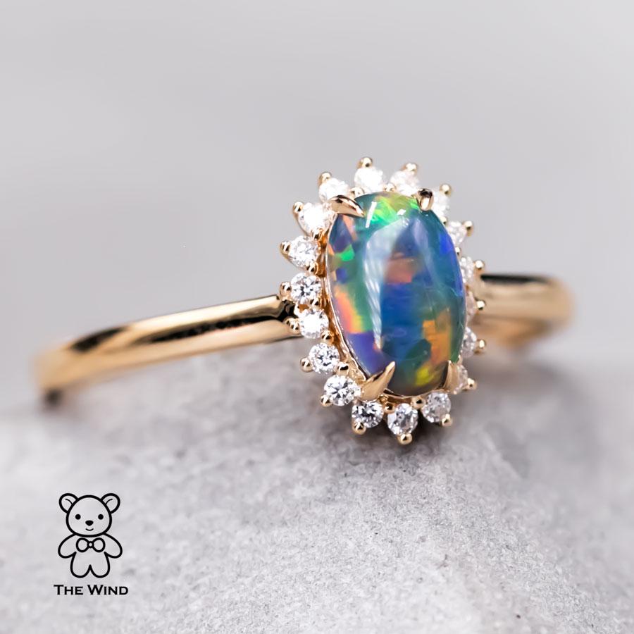 Artist Australian Black Opal Diamond Halo Engagement Ring 18K Yellow Gold For Sale