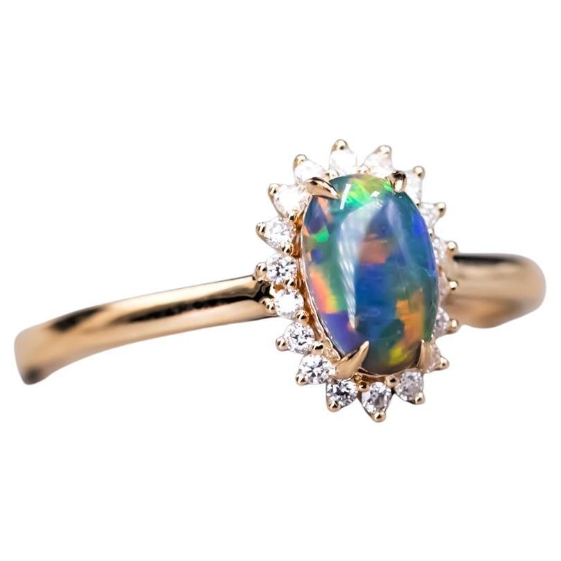 Australian Black Opal Diamond Halo Engagement Ring 18K Yellow Gold For Sale