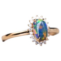 Used Australian Black Opal Diamond Halo Engagement Ring 18K Yellow Gold