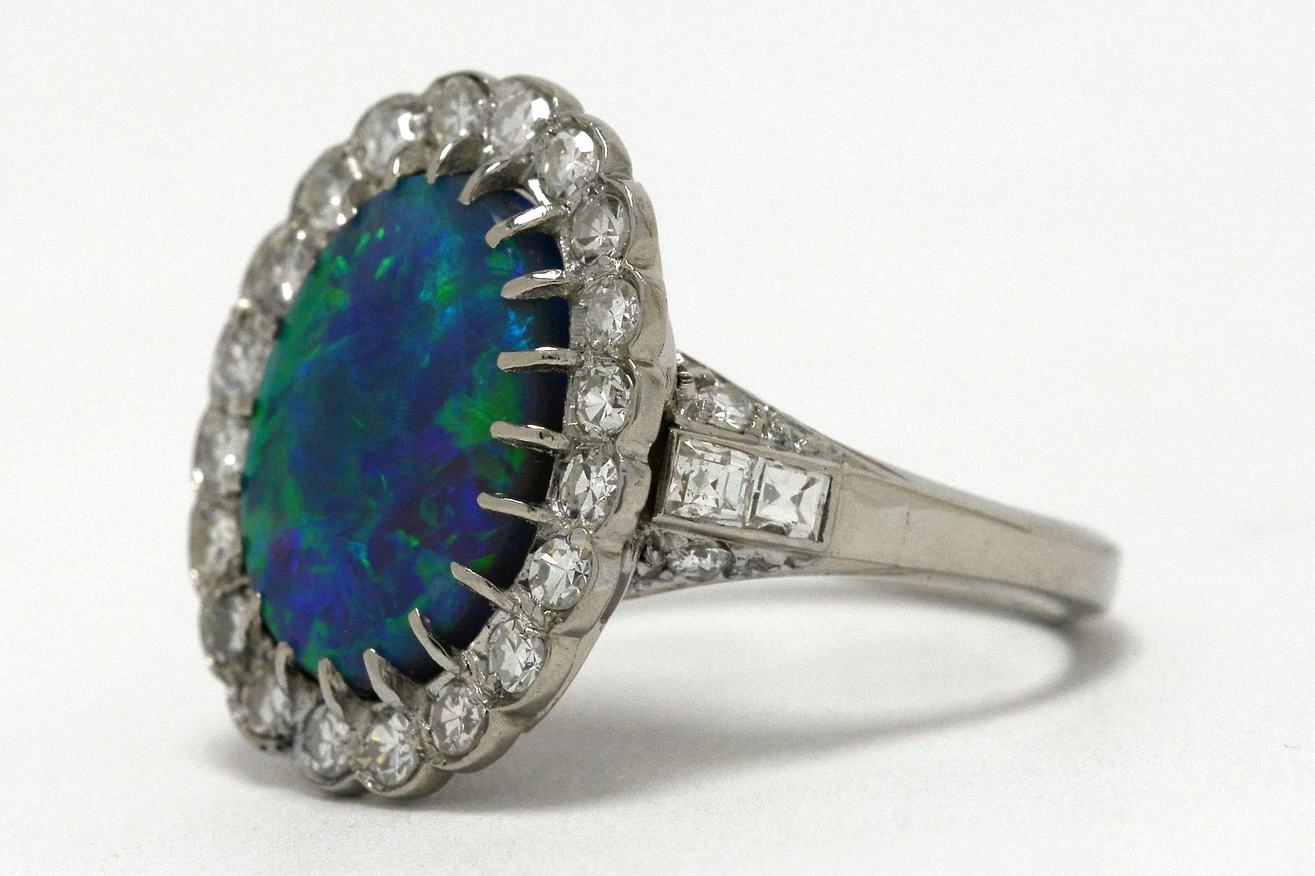 Australian Black Opal Diamond Halo Platinum Art Deco Engagement Ring In Good Condition In Santa Barbara, CA