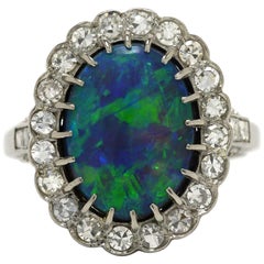 Australian Black Opal Diamond Halo Platinum Art Deco Engagement Ring