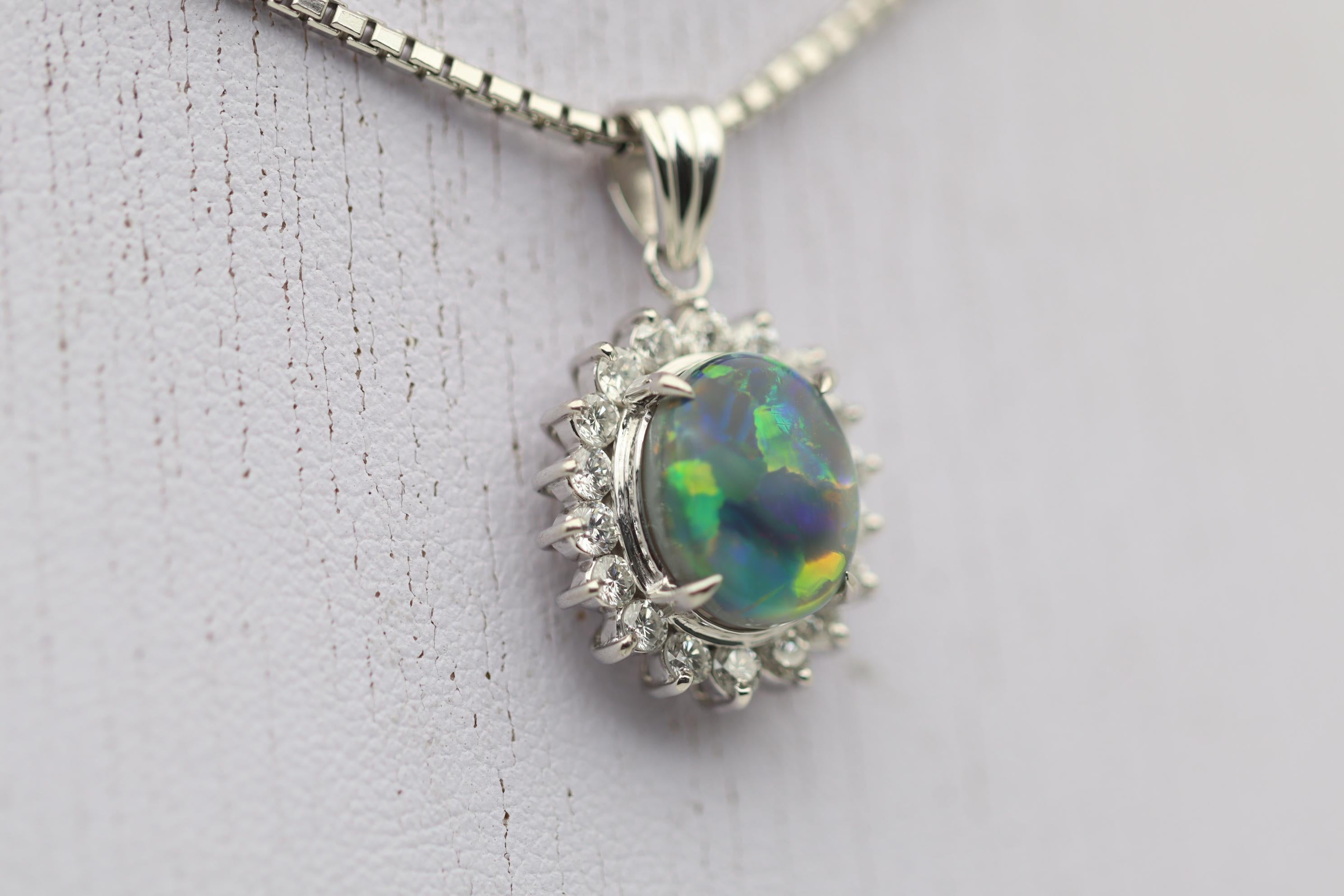 Australian Black Opal Diamond Halo Platinum Pendant In New Condition For Sale In Beverly Hills, CA
