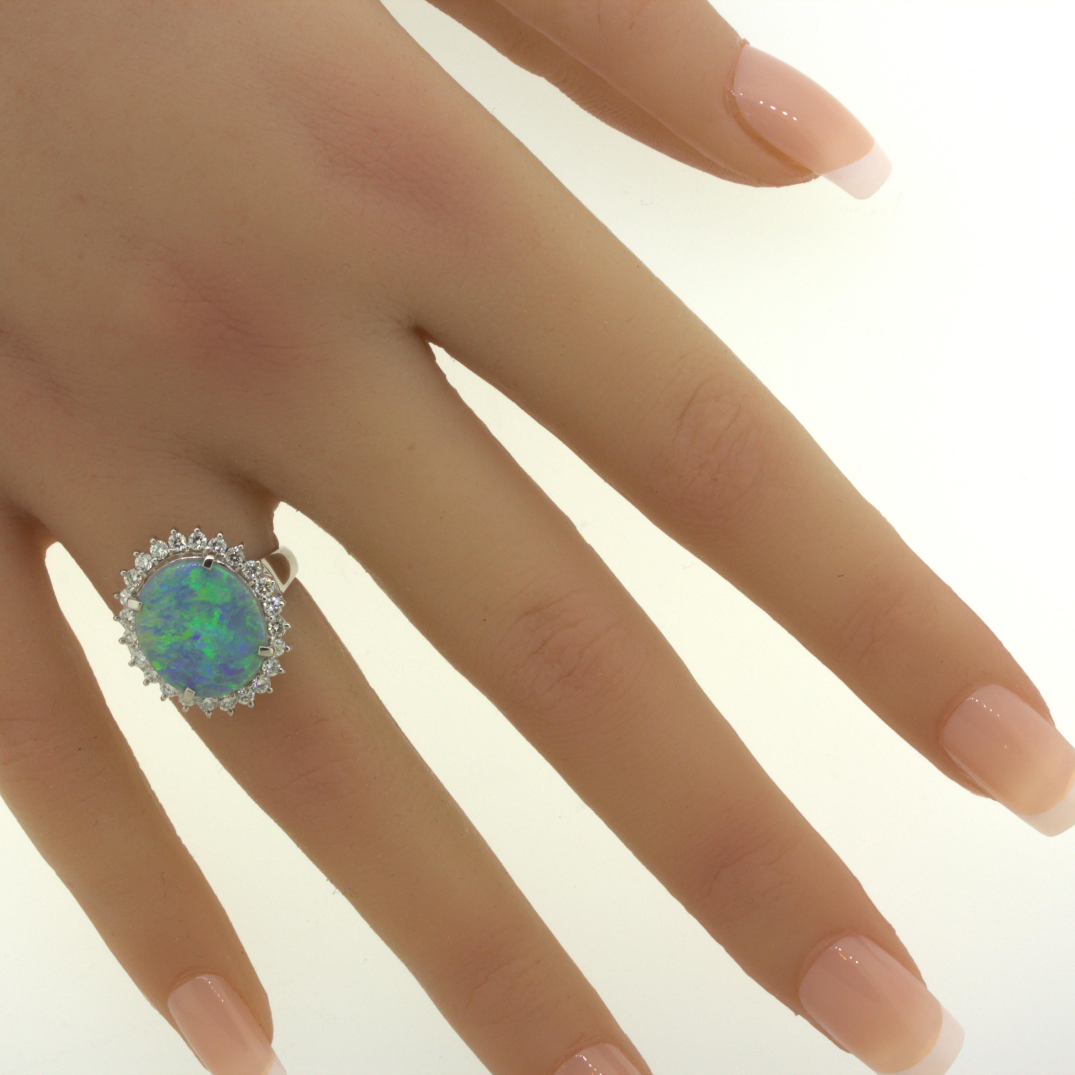 Australian Black Opal Diamond Halo Platinum Ring For Sale 5