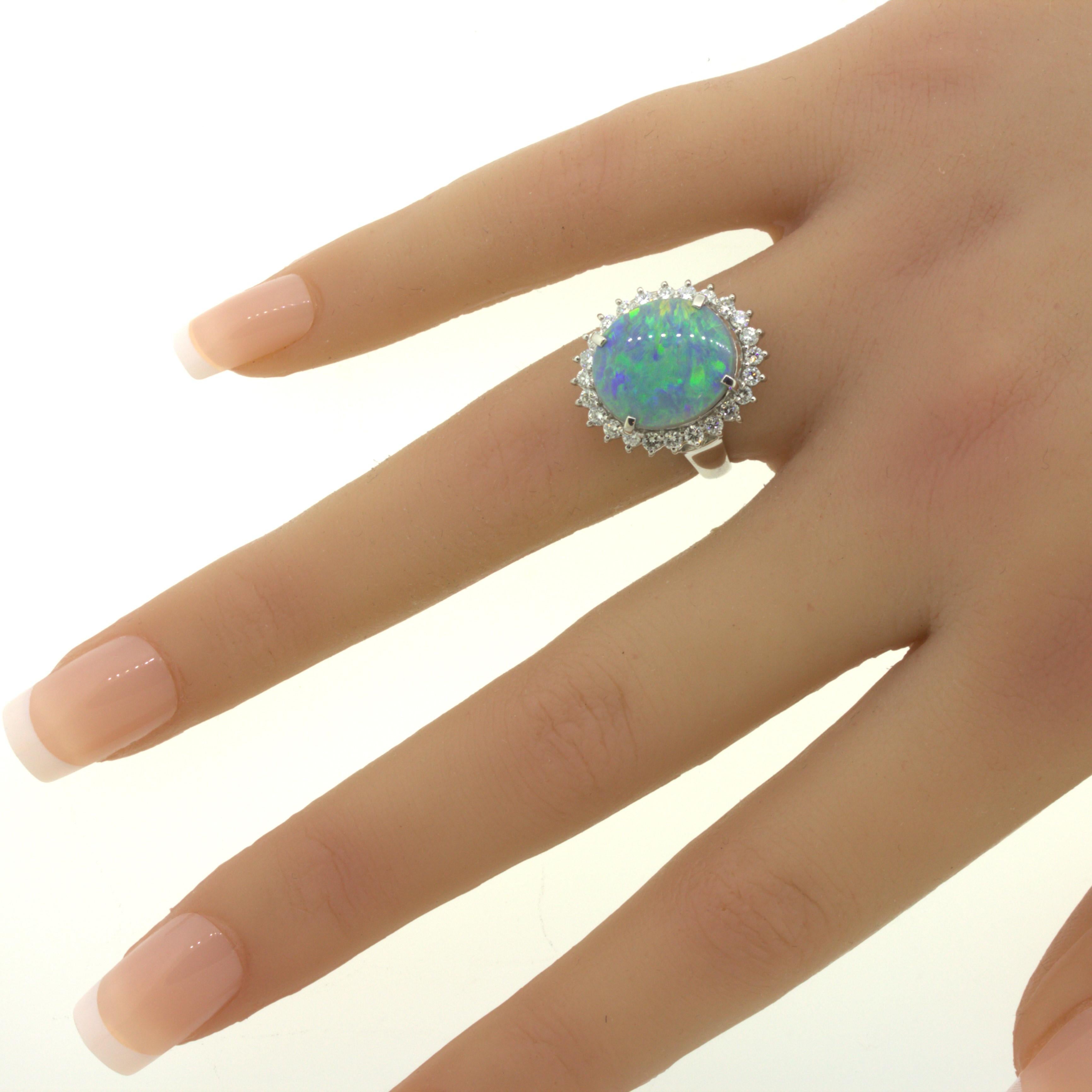 Australian Black Opal Diamond Halo Platinum Ring For Sale 6