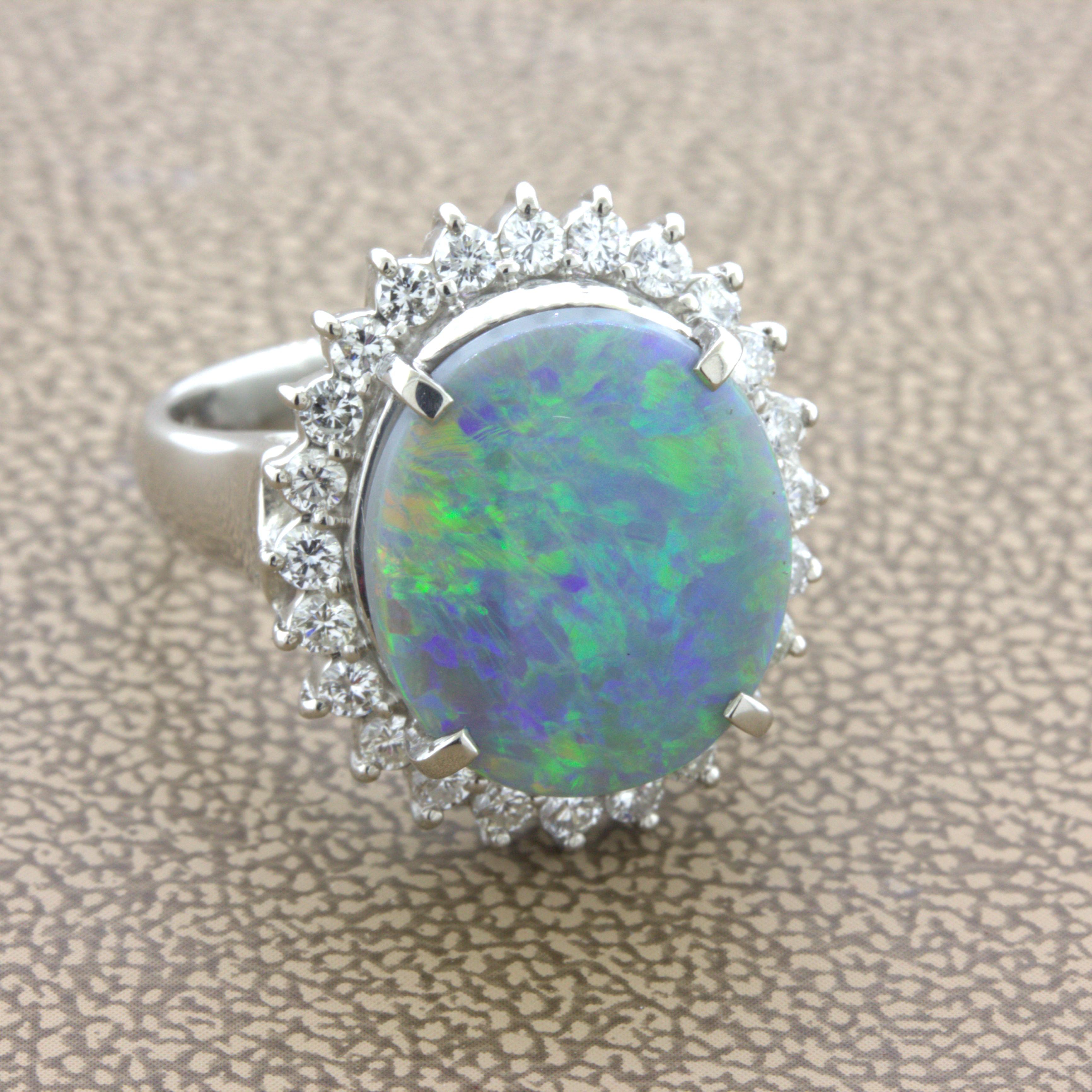 Australian Black Opal Diamond Halo Platinum Ring In New Condition For Sale In Beverly Hills, CA