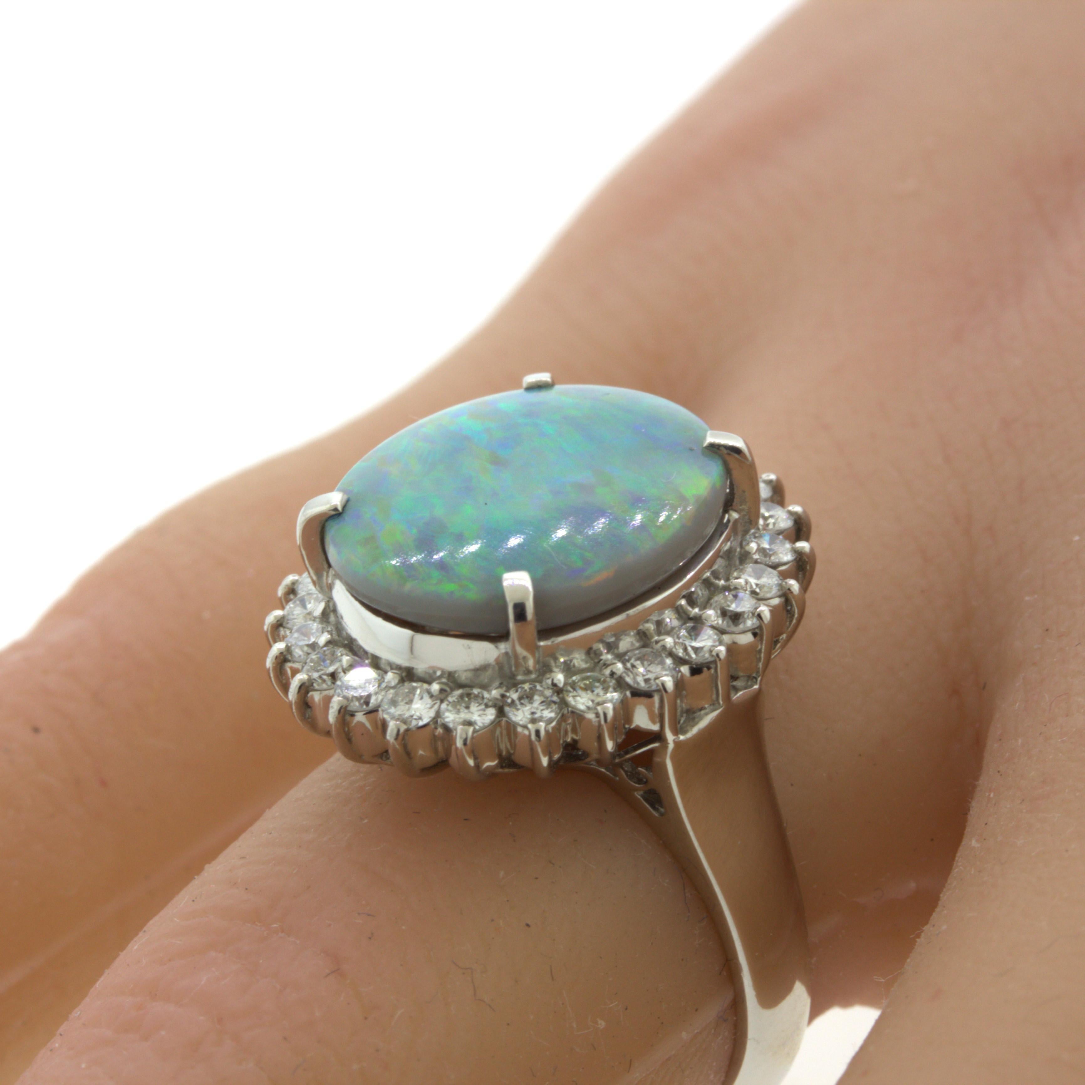 Women's Australian Black Opal Diamond Halo Platinum Ring For Sale