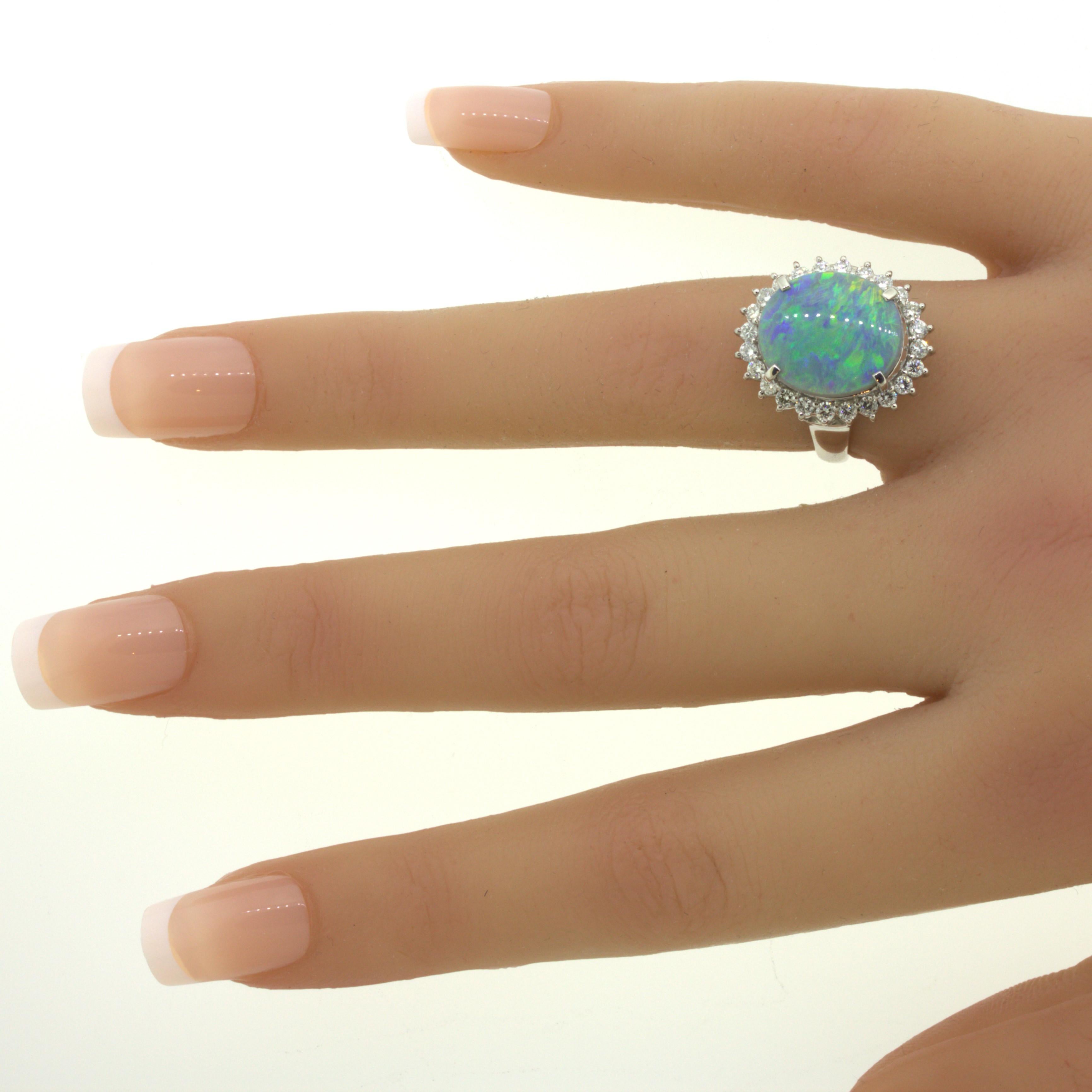 Australian Black Opal Diamond Halo Platinum Ring For Sale 2