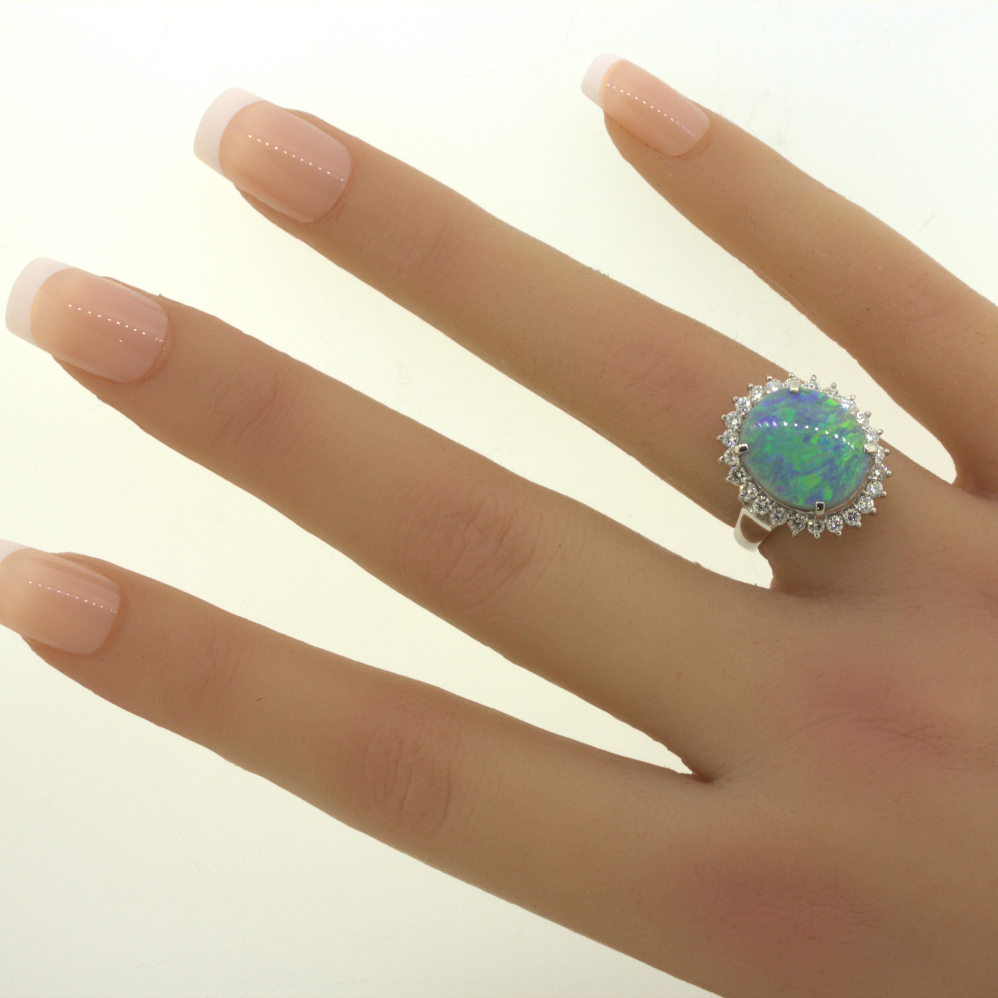 Australian Black Opal Diamond Halo Platinum Ring For Sale 3