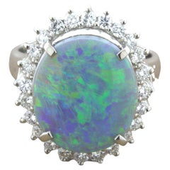 Australian Black Opal Diamond Halo Platinum Ring