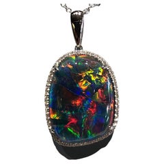 Australian Black Opal Diamond Necklace 18 Karat White Gold