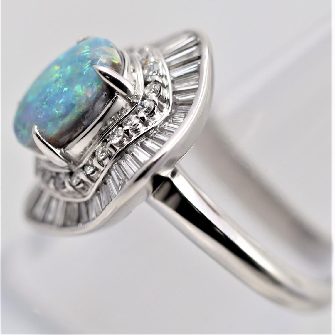 Australian Black Opal Diamond Platinum Ballerina Ring In New Condition For Sale In Beverly Hills, CA