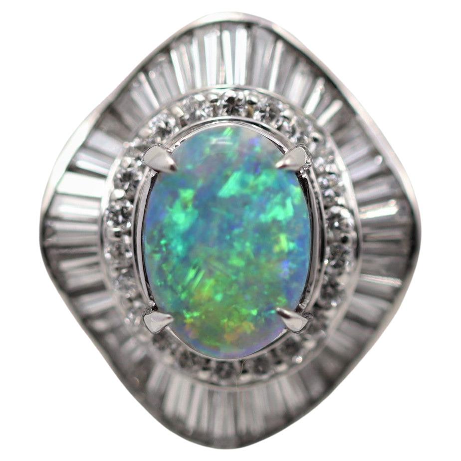 Australian Black Opal Diamond Platinum Ballerina Ring For Sale
