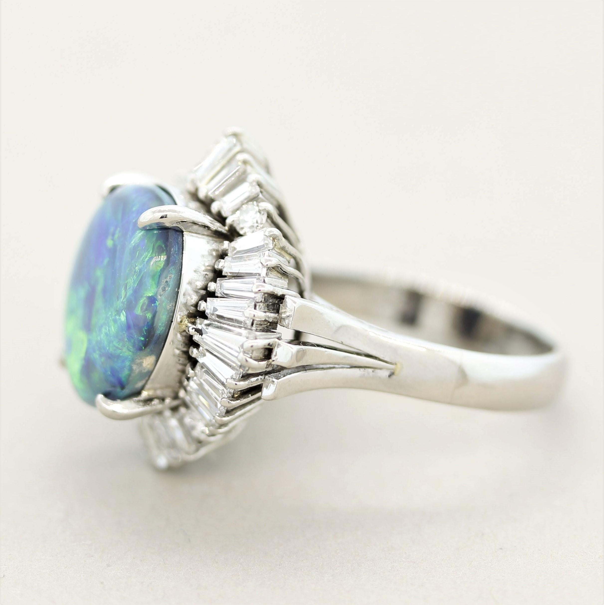 Mixed Cut Australian Black Opal Diamond Platinum Cocktail Ring For Sale