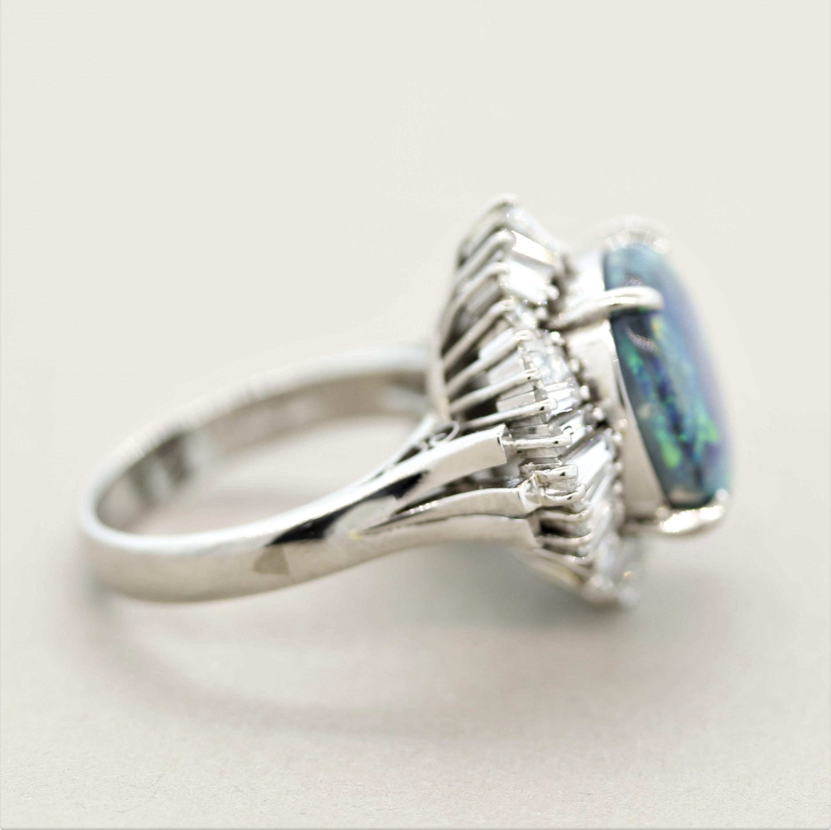 Women's Australian Black Opal Diamond Platinum Cocktail Ring For Sale