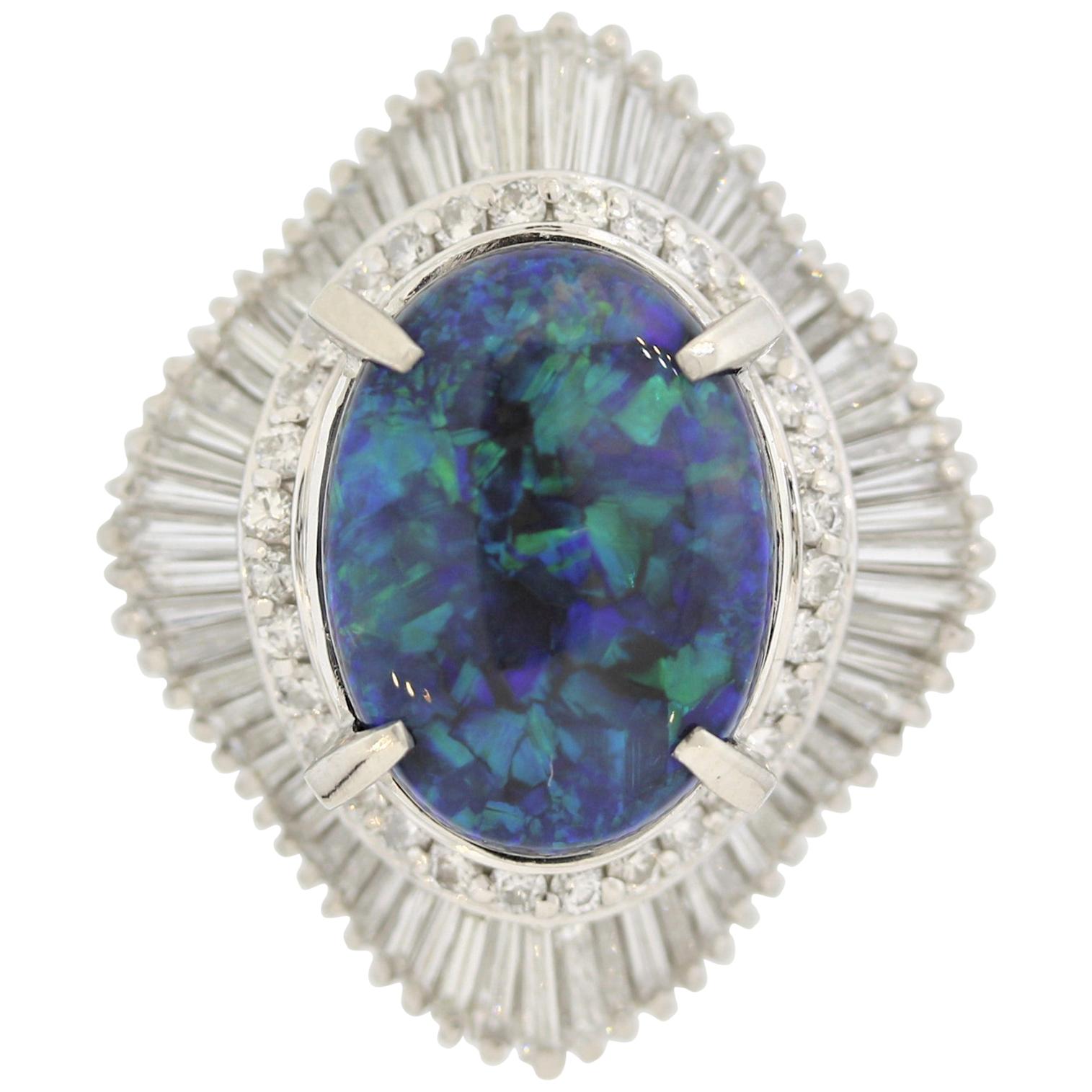 Australian Black Opal Diamond Platinum Cocktail Ring For Sale