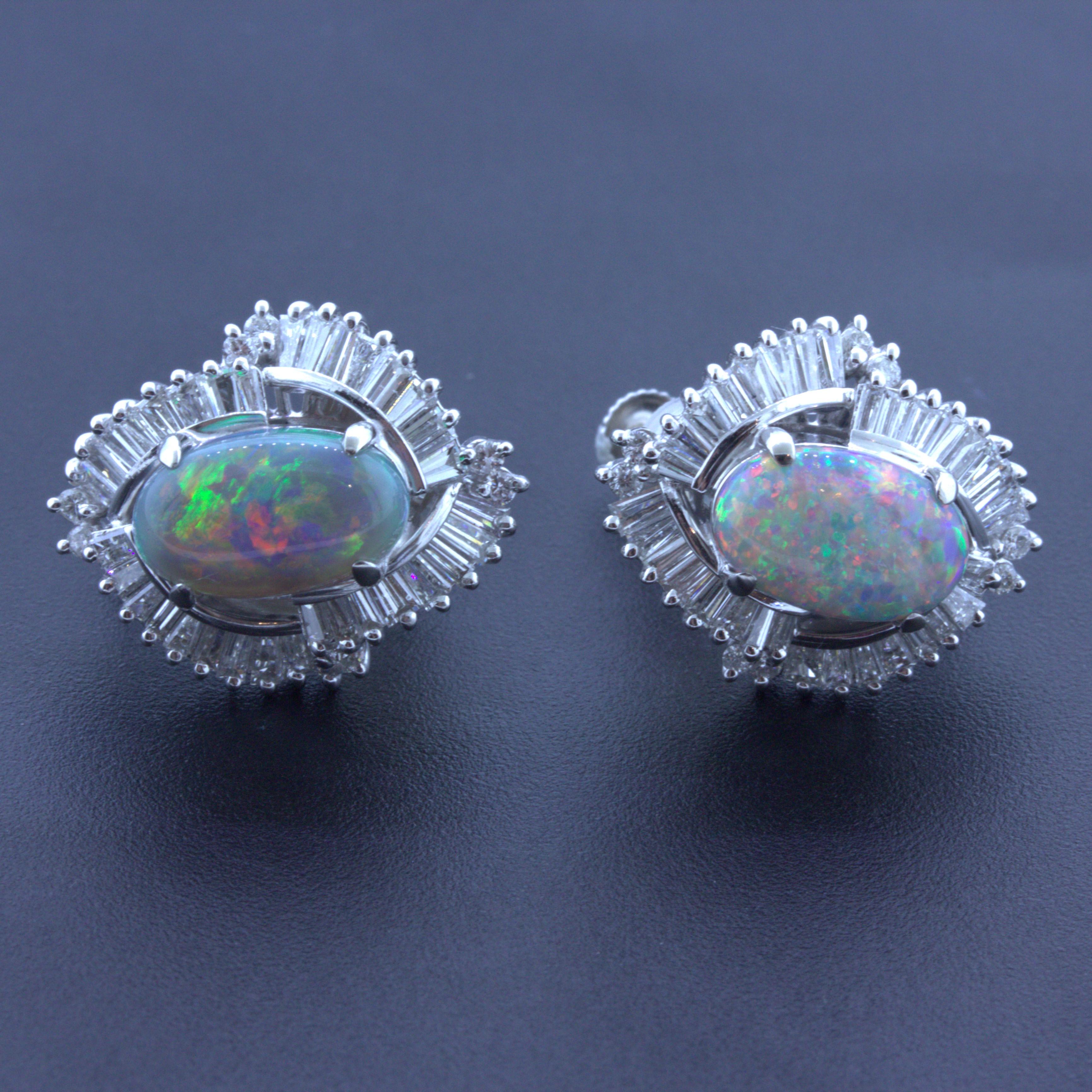 Oval Cut Australian Black Opal Diamond Platinum Earrings For Sale