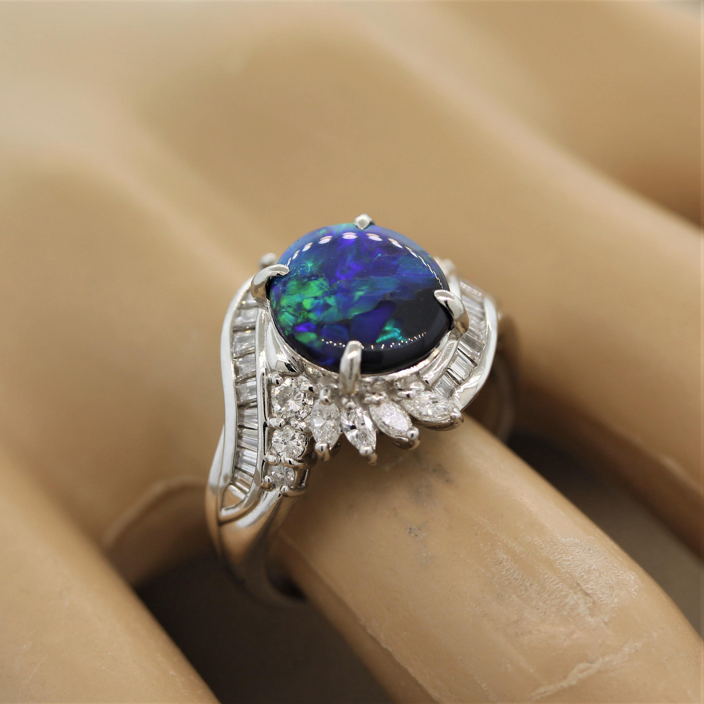 Australian Black Opal Diamond Platinum Ring For Sale 4