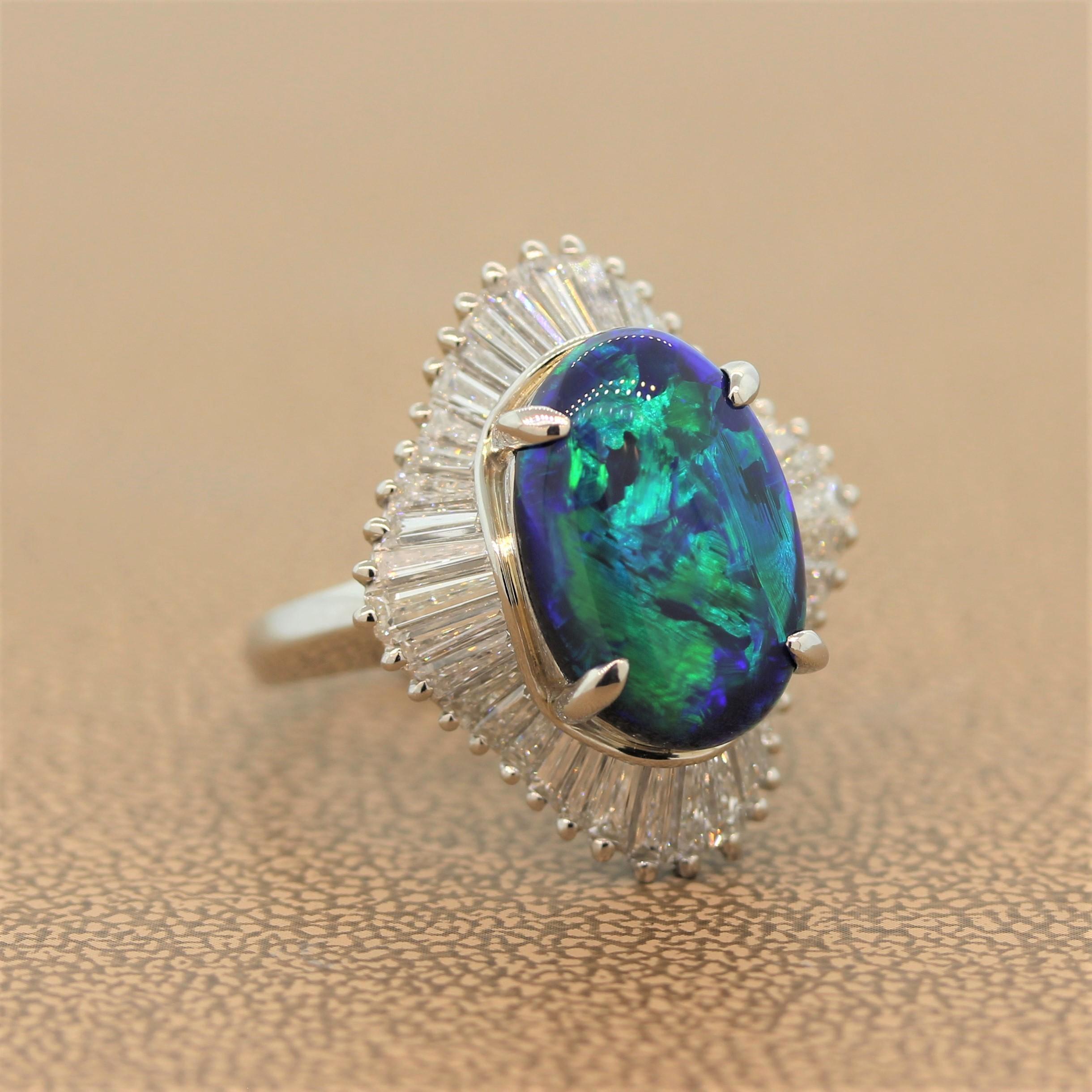 Oval Cut Australian Black Opal Diamond Platinum Ring For Sale