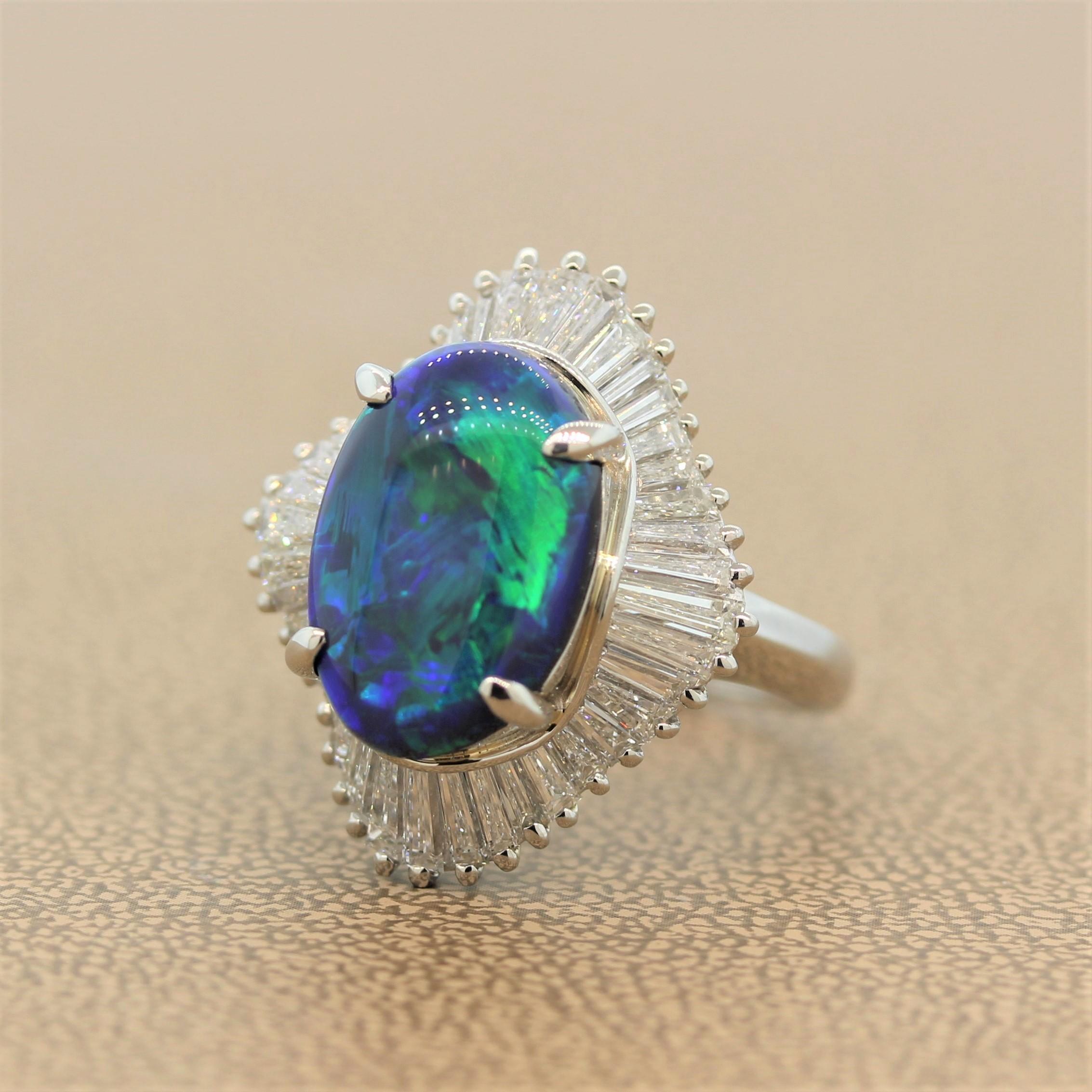 Platinring mit australischem schwarzem Opal und Diamant Damen im Angebot