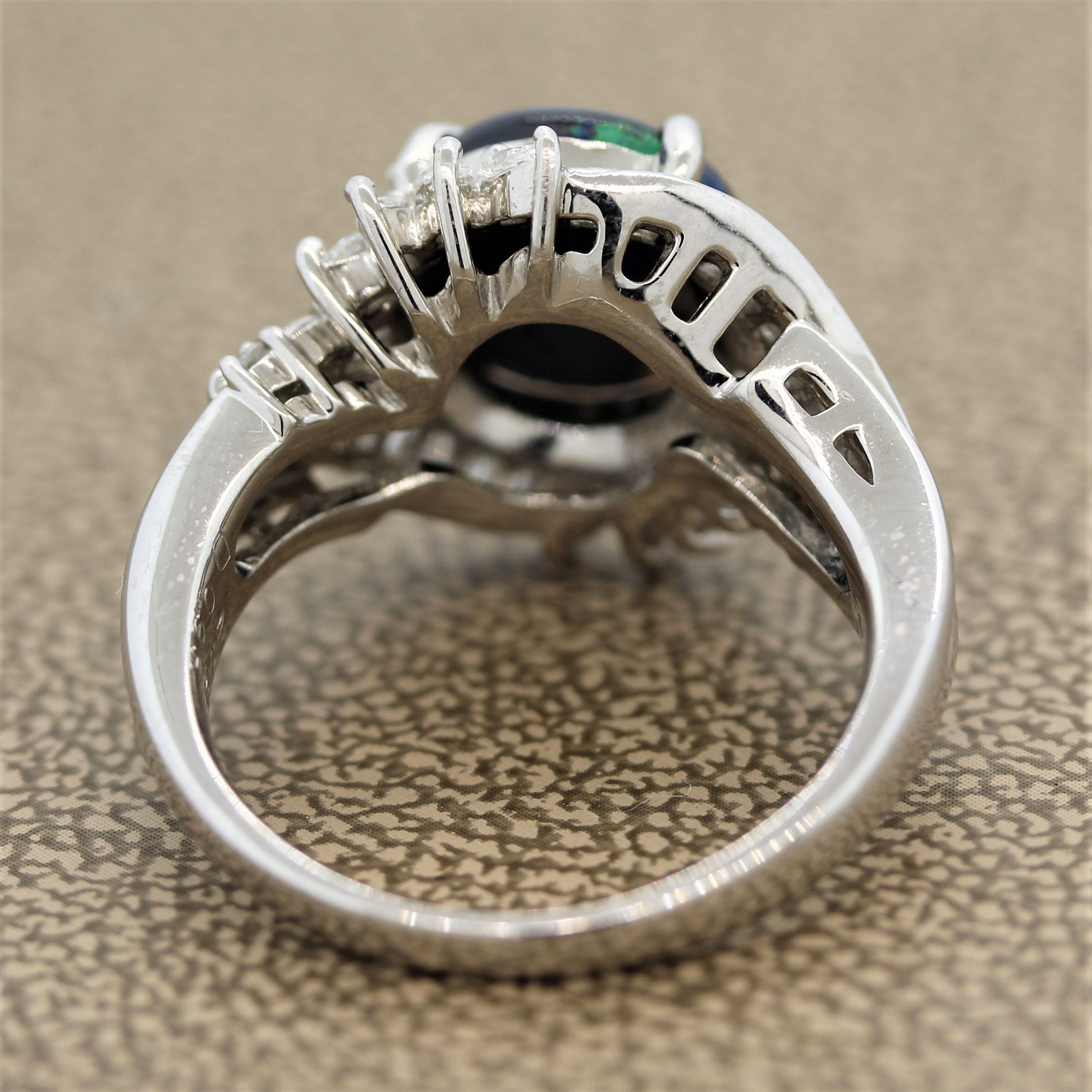 Oval Cut Australian Black Opal Diamond Platinum Ring For Sale