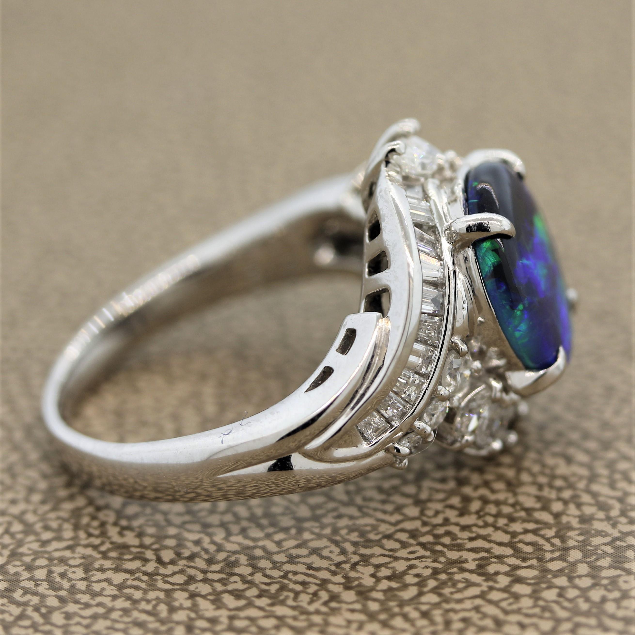 Australian Black Opal Diamond Platinum Ring In New Condition In Beverly Hills, CA