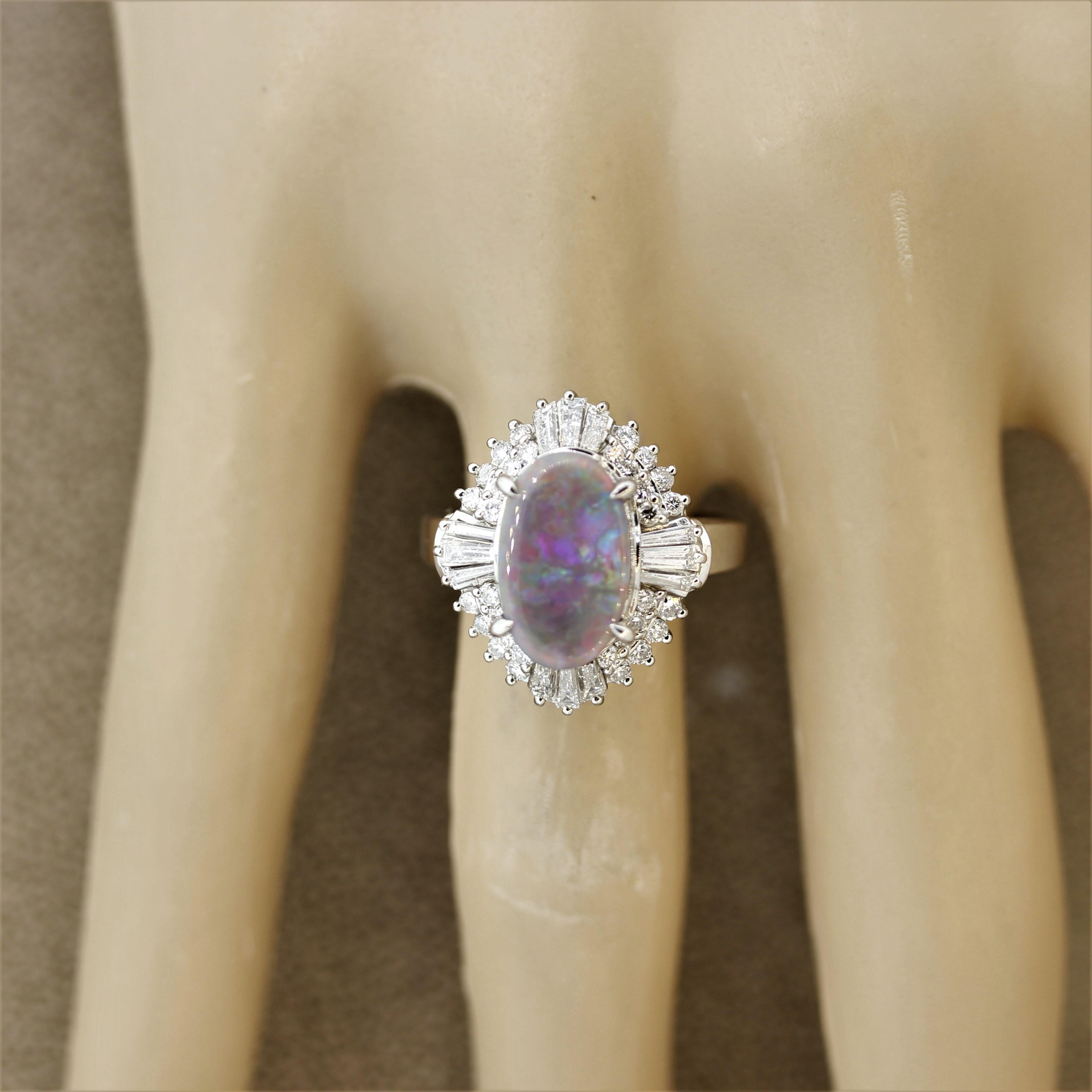 Australian Black Opal Diamond Platinum Ring In New Condition For Sale In Beverly Hills, CA