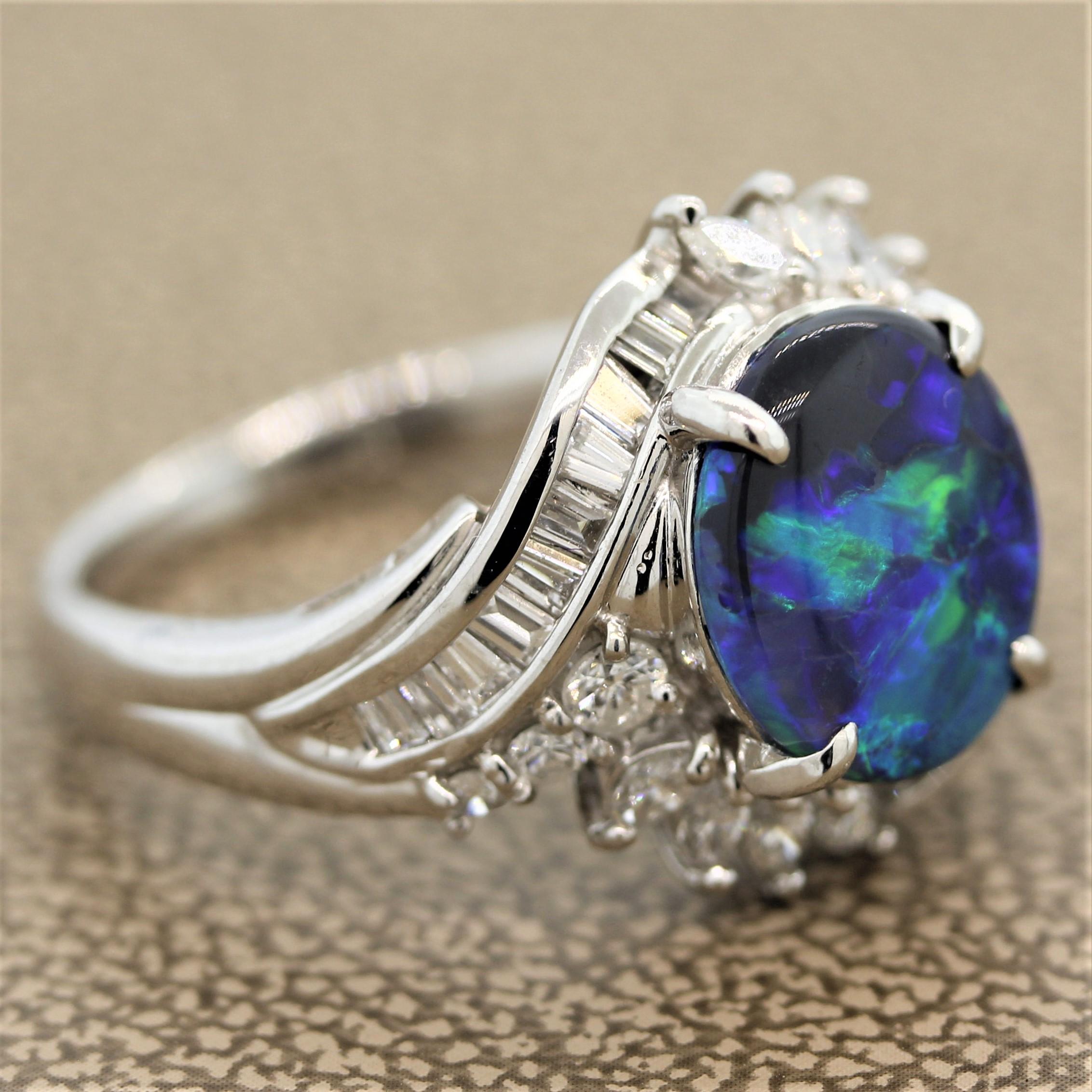 Women's Australian Black Opal Diamond Platinum Ring For Sale
