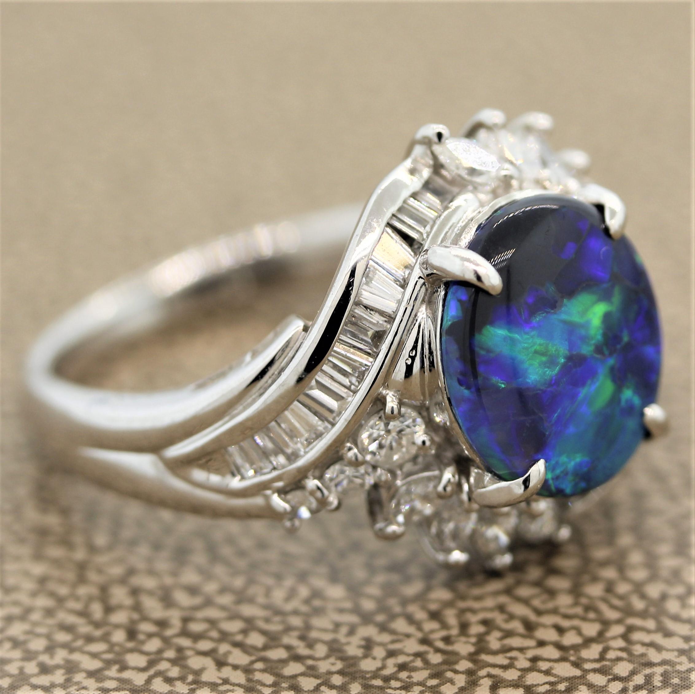 Women's Australian Black Opal Diamond Platinum Ring
