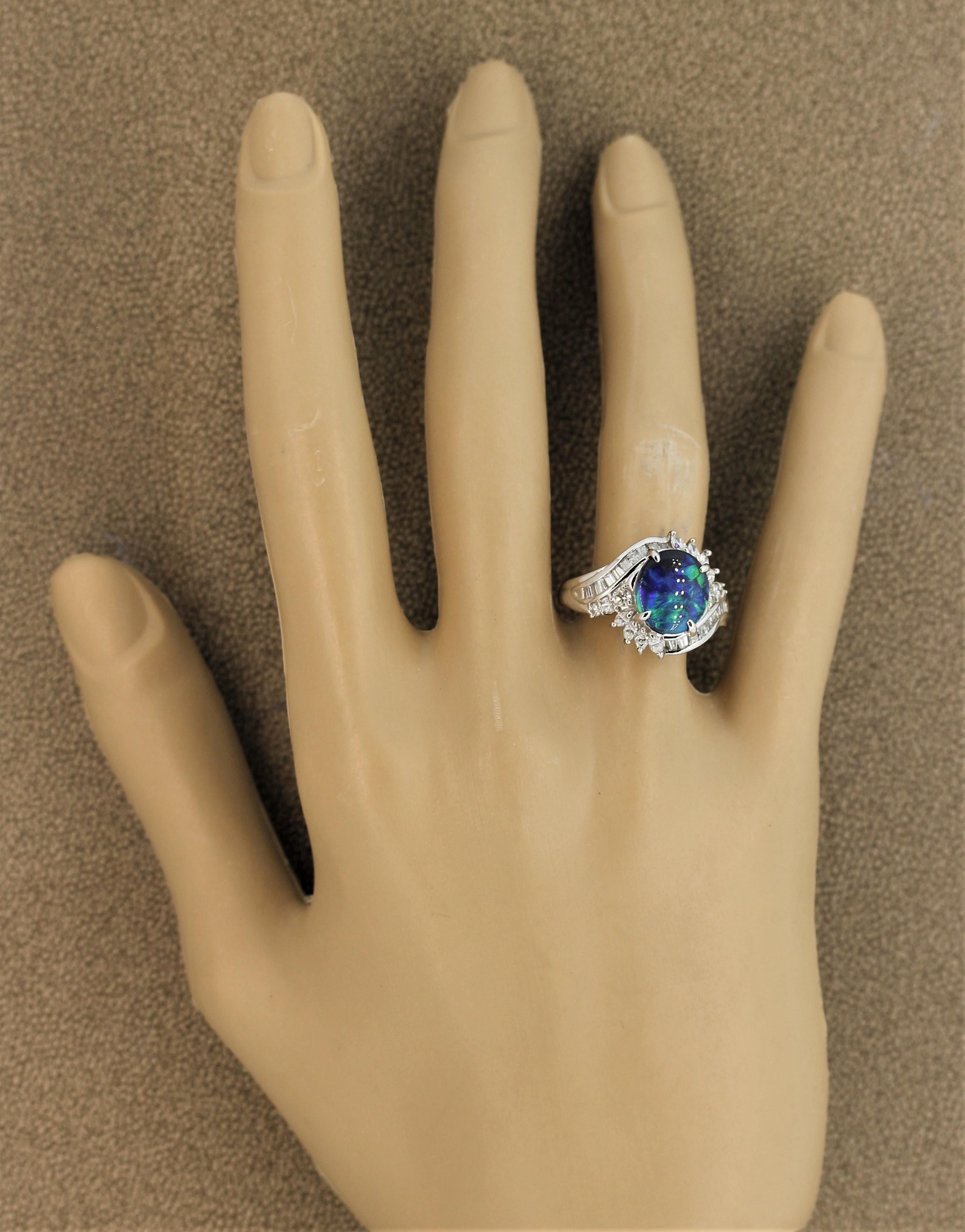 Australian Black Opal Diamond Platinum Ring For Sale 2