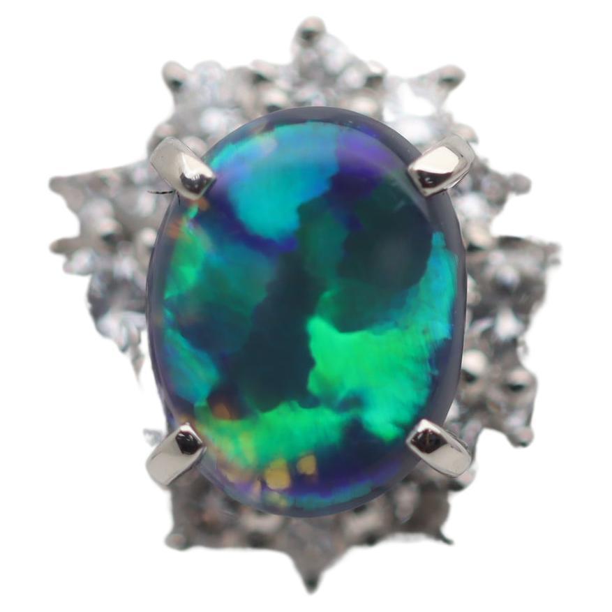 Australian Black Opal Diamond Platinum Ring For Sale