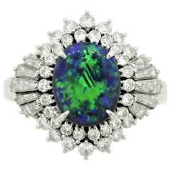 Australian Black Opal Diamond Spray Platinum Ring