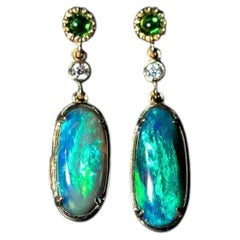 Australian Black Opal Diamond Tsavorite Drop Earrings 14K Yellow Gold