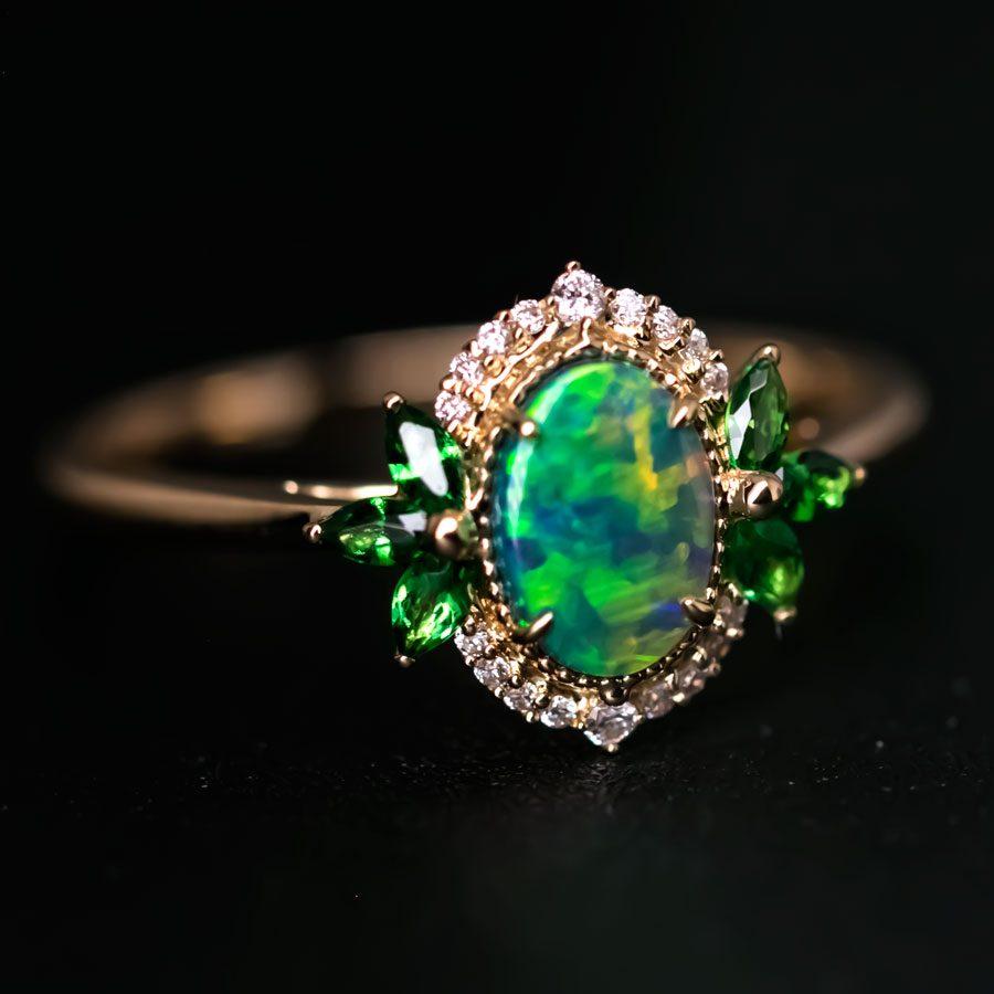 Arts and Crafts Australian Black Opal Diamond Tsavorite Engagement Ring 18K Yellow Gold
