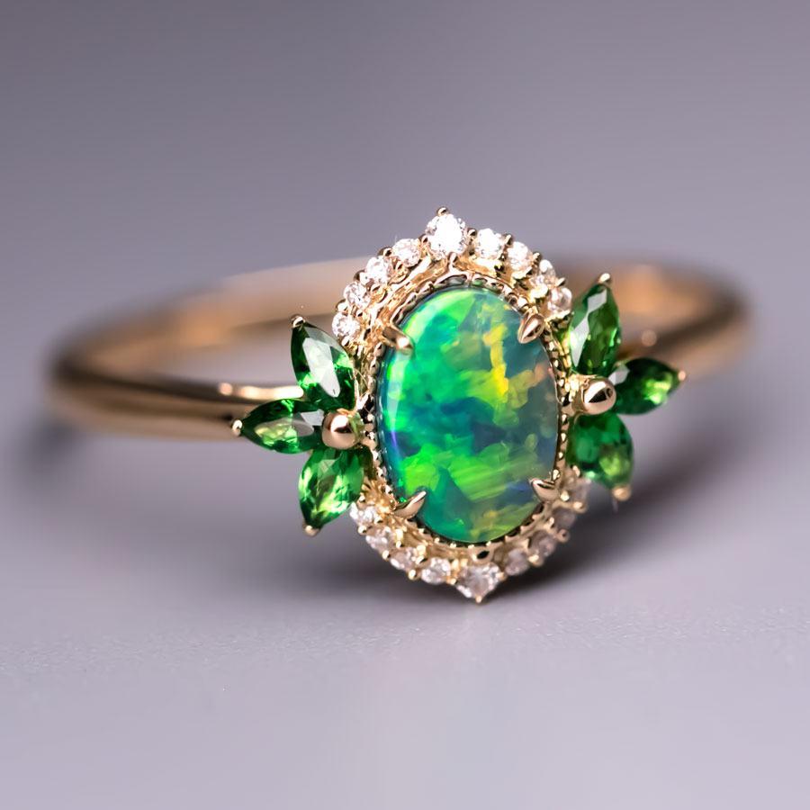 Brilliant Cut Australian Black Opal Diamond Tsavorite Engagement Ring 18K Yellow Gold