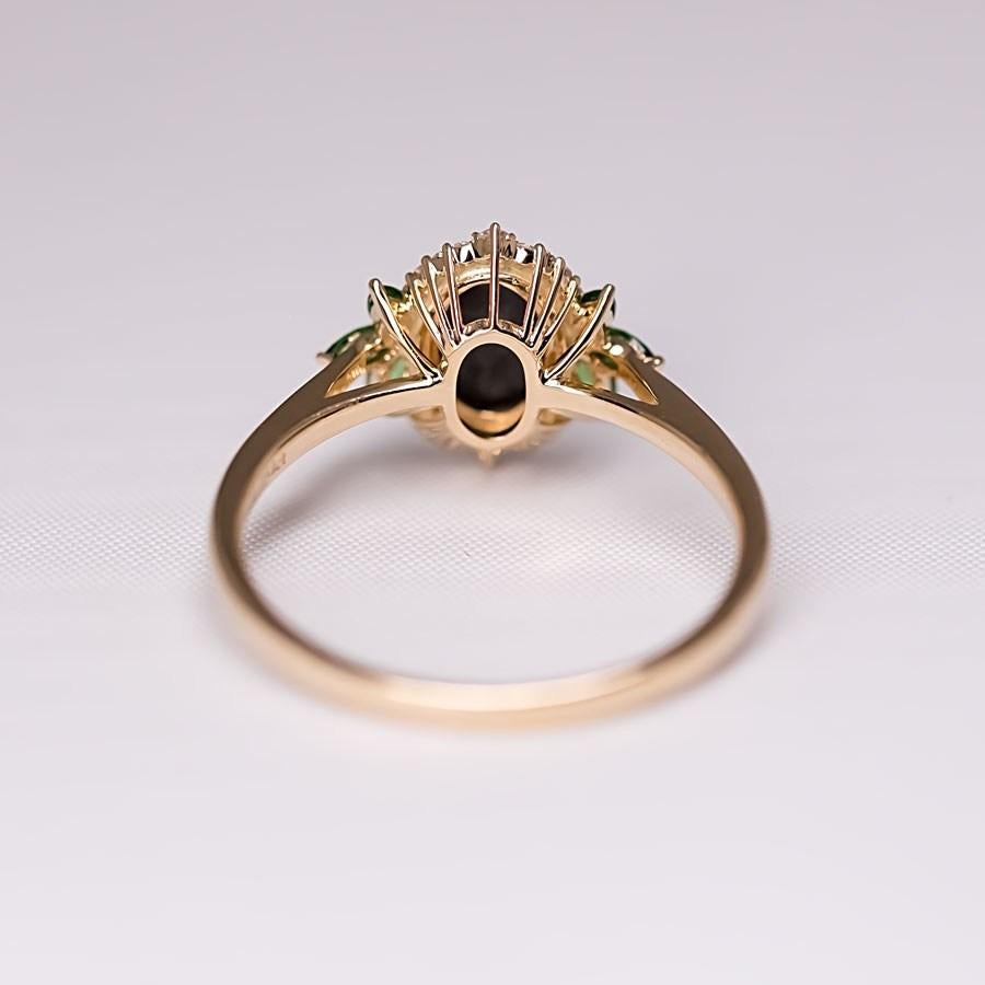 Women's or Men's Australian Black Opal Diamond Tsavorite Engagement Ring 18K Yellow Gold