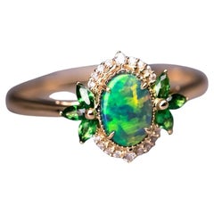 Australian Black Opal Diamond Tsavorite Engagement Ring 18K Yellow Gold