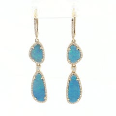 Australian Black Opal Doublet and Diamond Dangle Earrings in 14k Yellow Gold