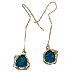 Australian Black Boulder Opal & Diamond Dangle Earrings in 18 Karat Yellow Gold