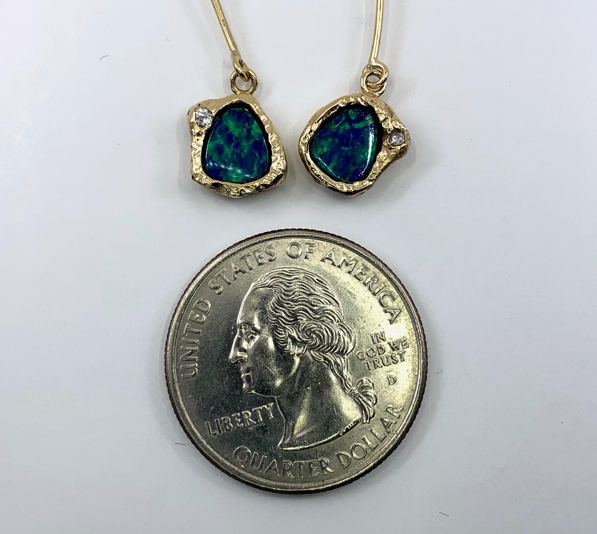 Australian Black Boulder Opal & Diamond Dangle Earrings in 18 Karat Yellow Gold 1