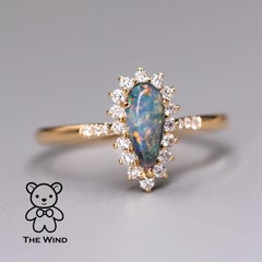 Stylish Australian Black Opal & Halo Diamond Engagement Ring 18K Yellow Gold