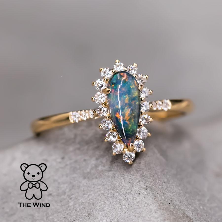 Women's Australian Black Opal & Halo Diamond Engagement Ring 18K Yellow Gold For Sale