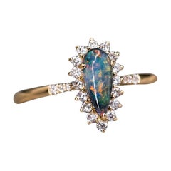 Australian Black Opal & Halo Diamond Engagement Ring 18K Yellow Gold