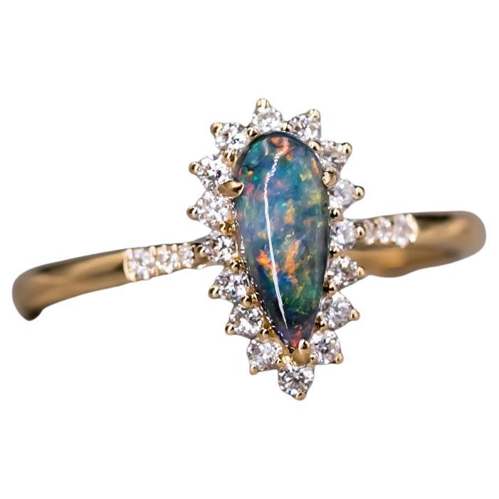 Australian Black Opal & Halo Diamond Engagement Ring 18K Yellow Gold For Sale